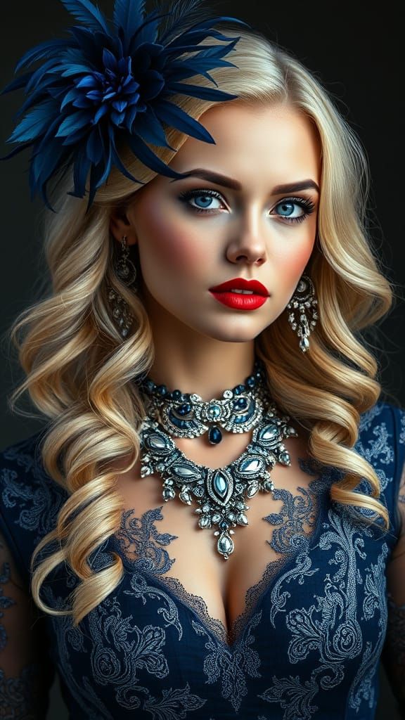 Elegant Gothic Beauty in Luxurious Deep Blue Attire