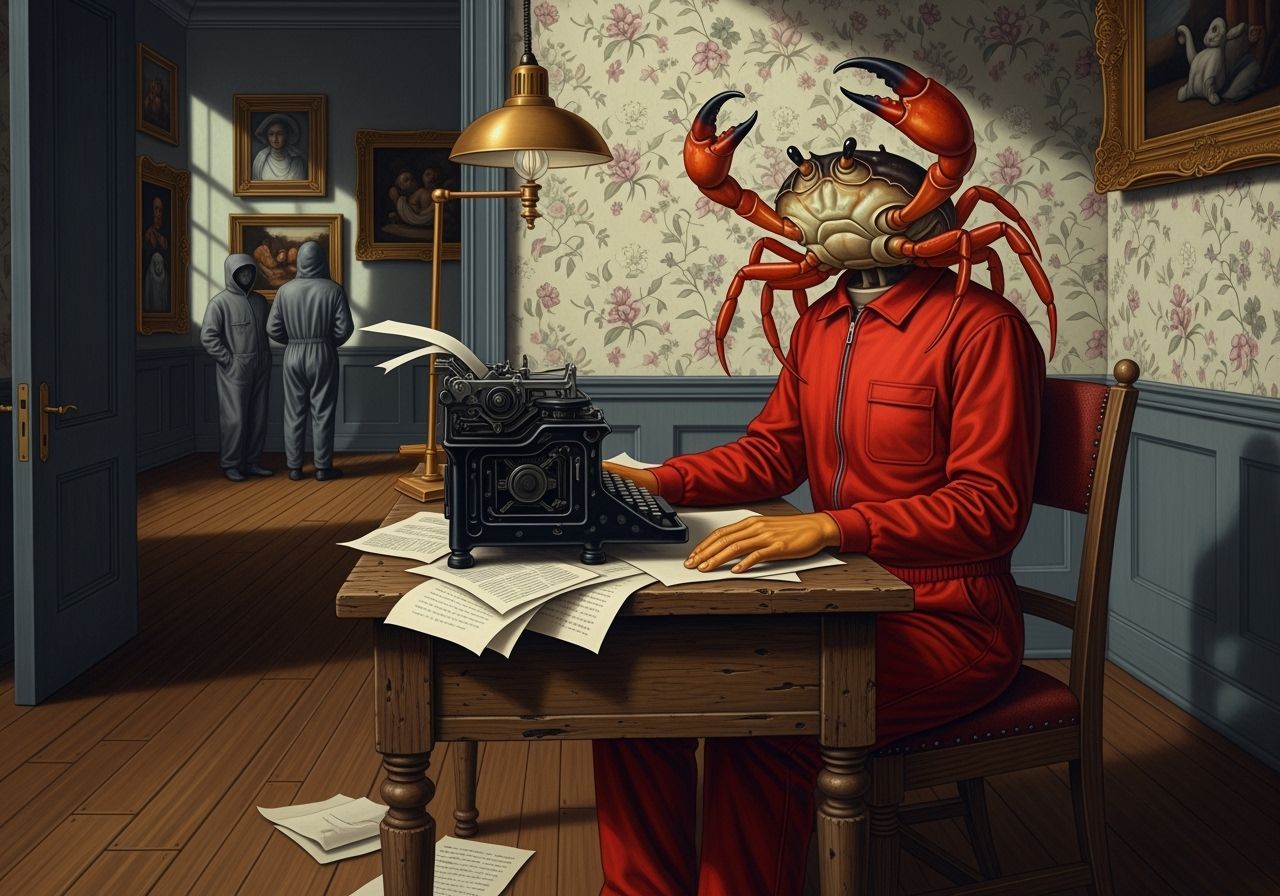 Crab-Headed Figure at Desk in Surreal Painting