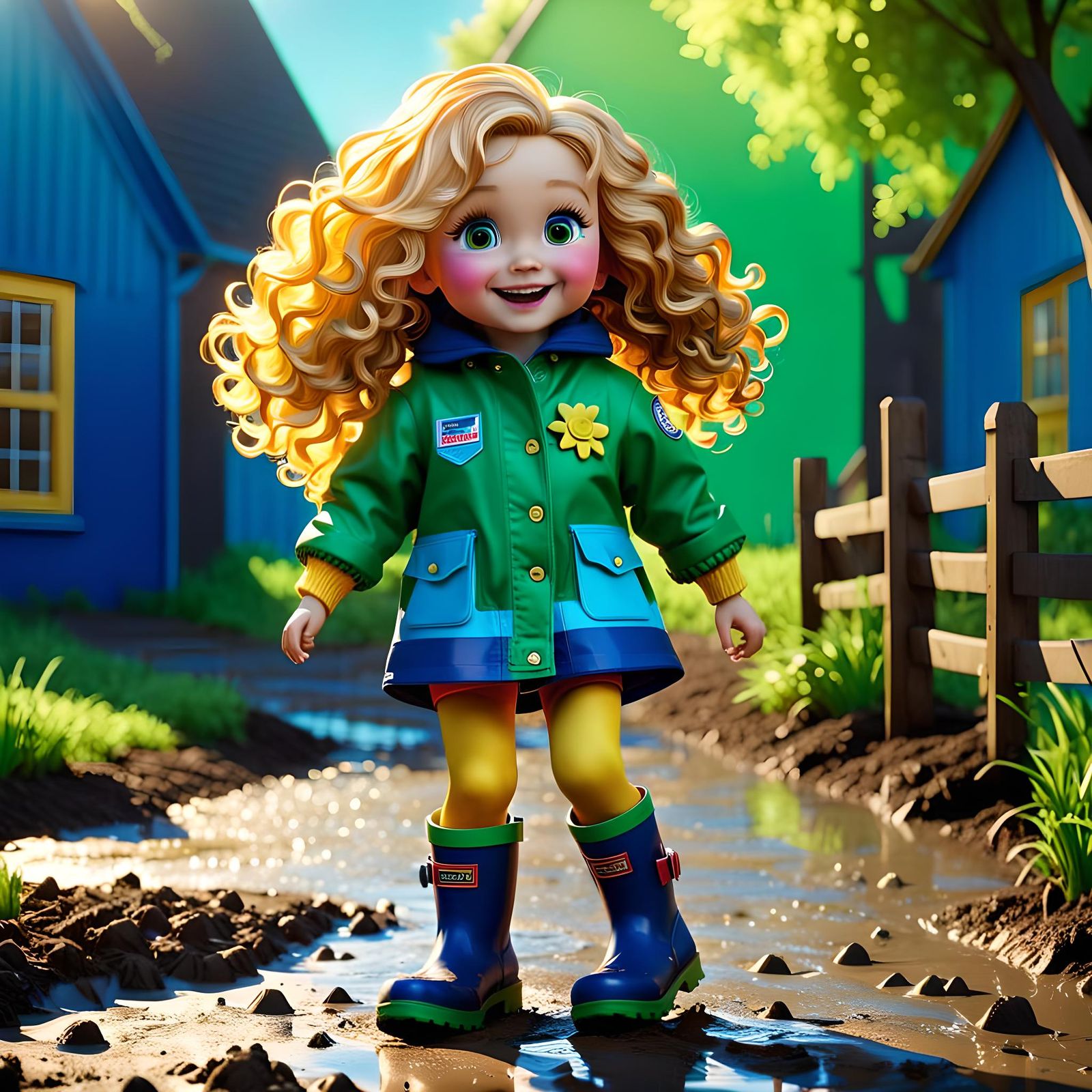 Girl in Gumboots Jumping in Puddles as 3D Art