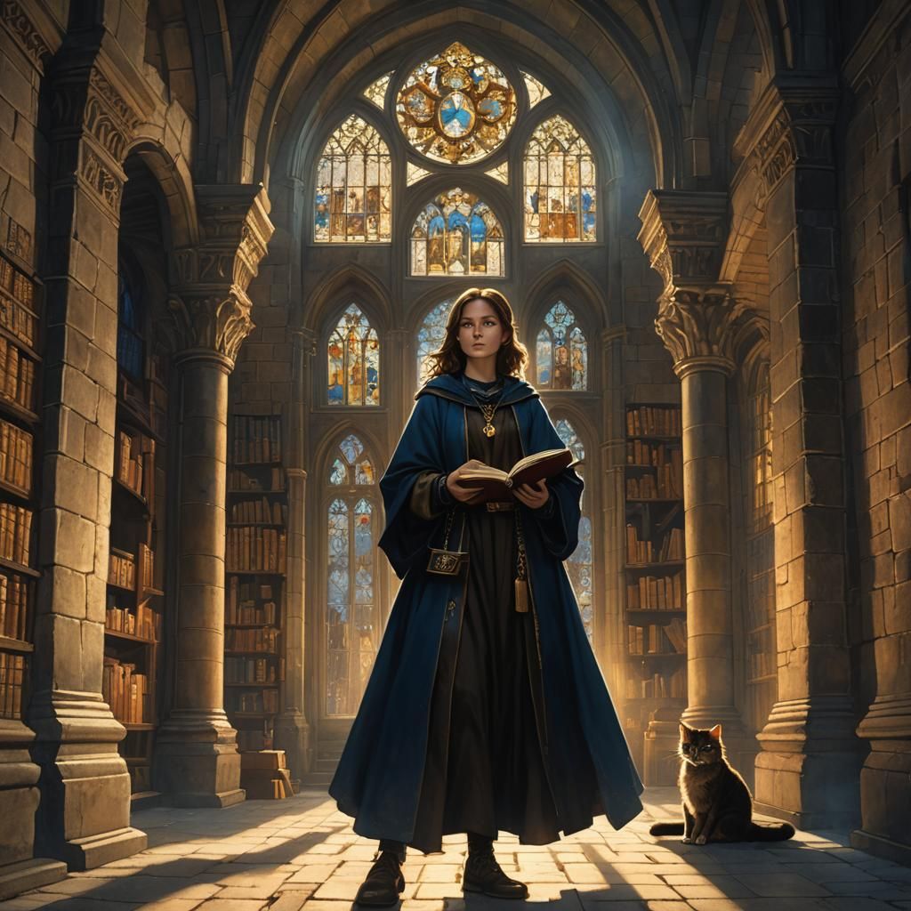 Girl in Castle with Cat, Art Nouveau Style