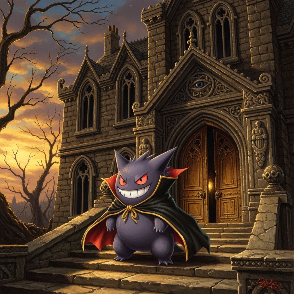 Gengar's Gothic Mansion at Twilight, Oil Painting