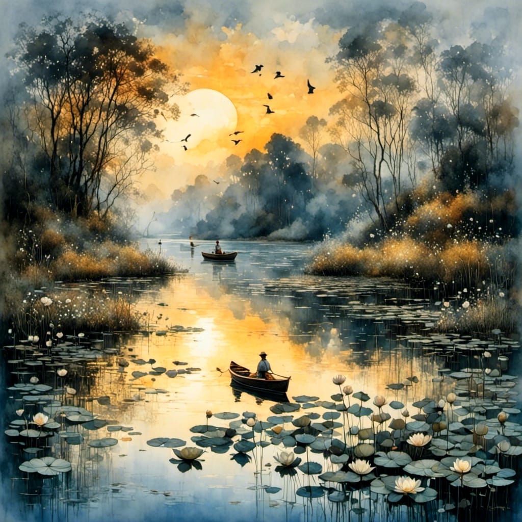 Lake Sunset with Boat, Water Lilies, and Birds