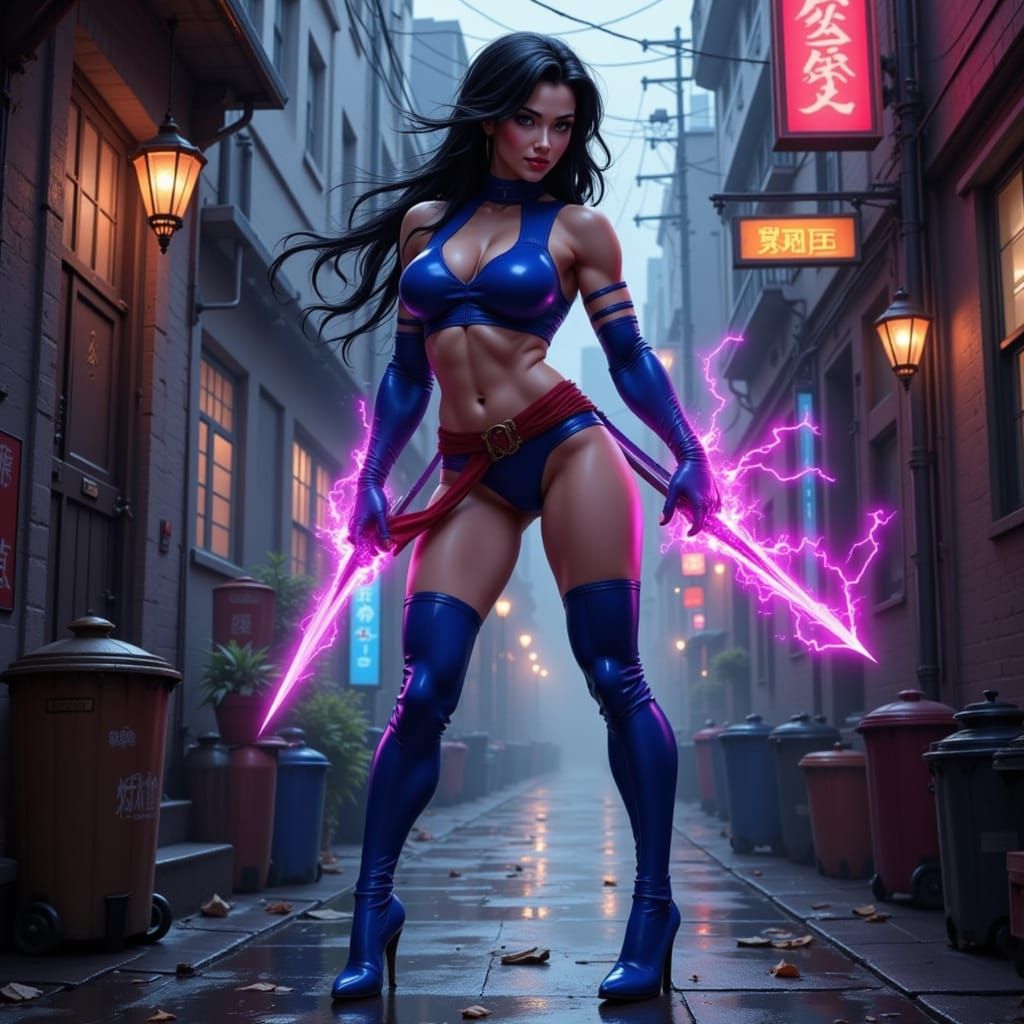 Confident Psylocke in Pin-Up Photography Style