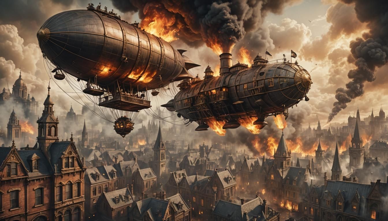 Gothic Steampunk Airship Over Burning City