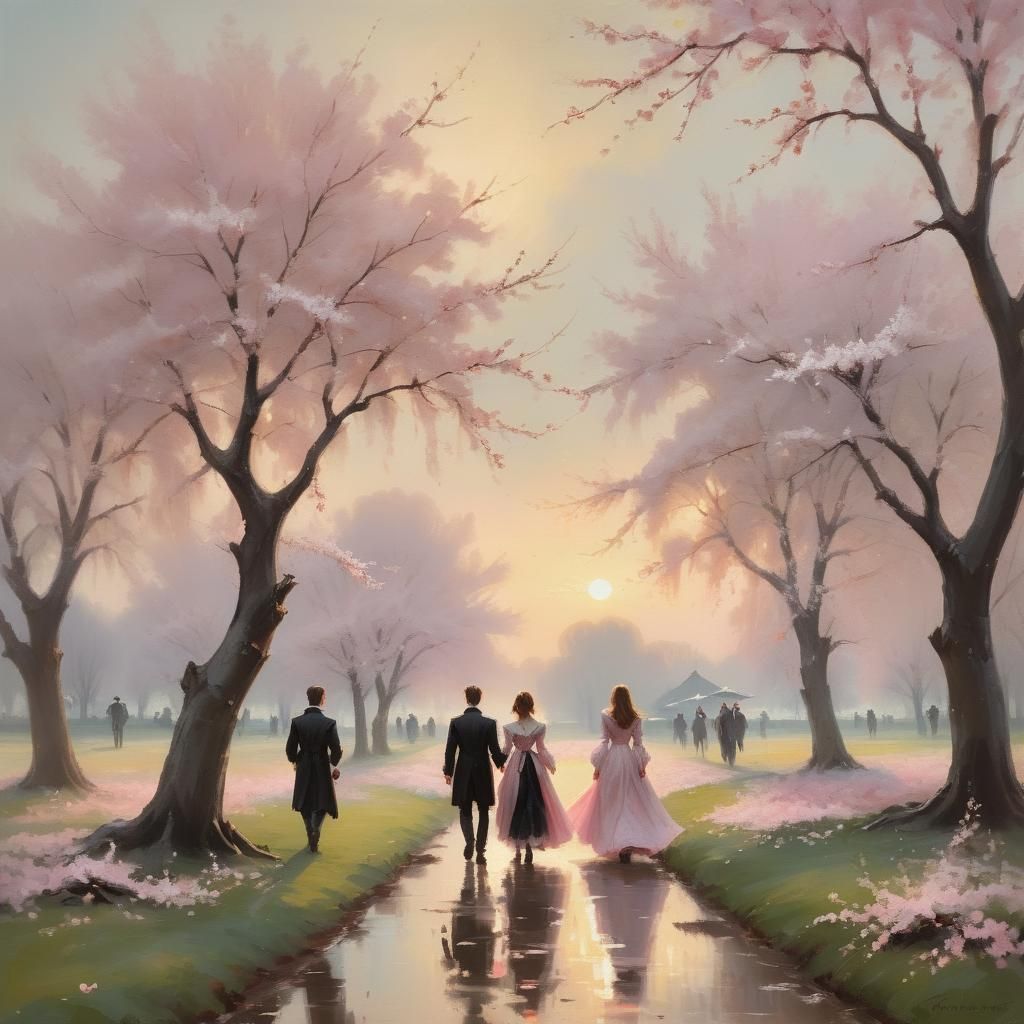 Vampires in Impressionistic Cherry Blossom Landscape