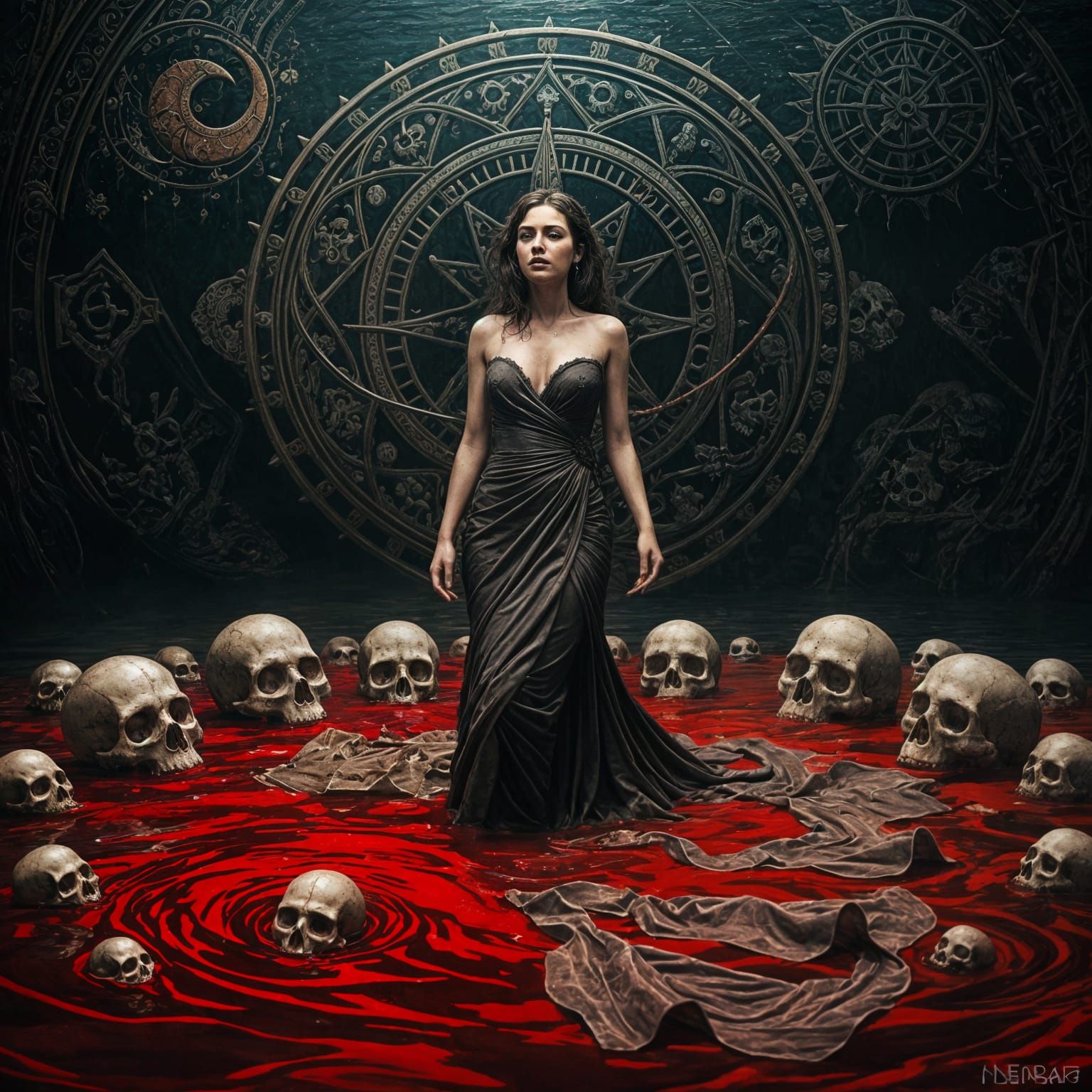 Hyperrealistic Woman Surrounded by Skulls in Blood
