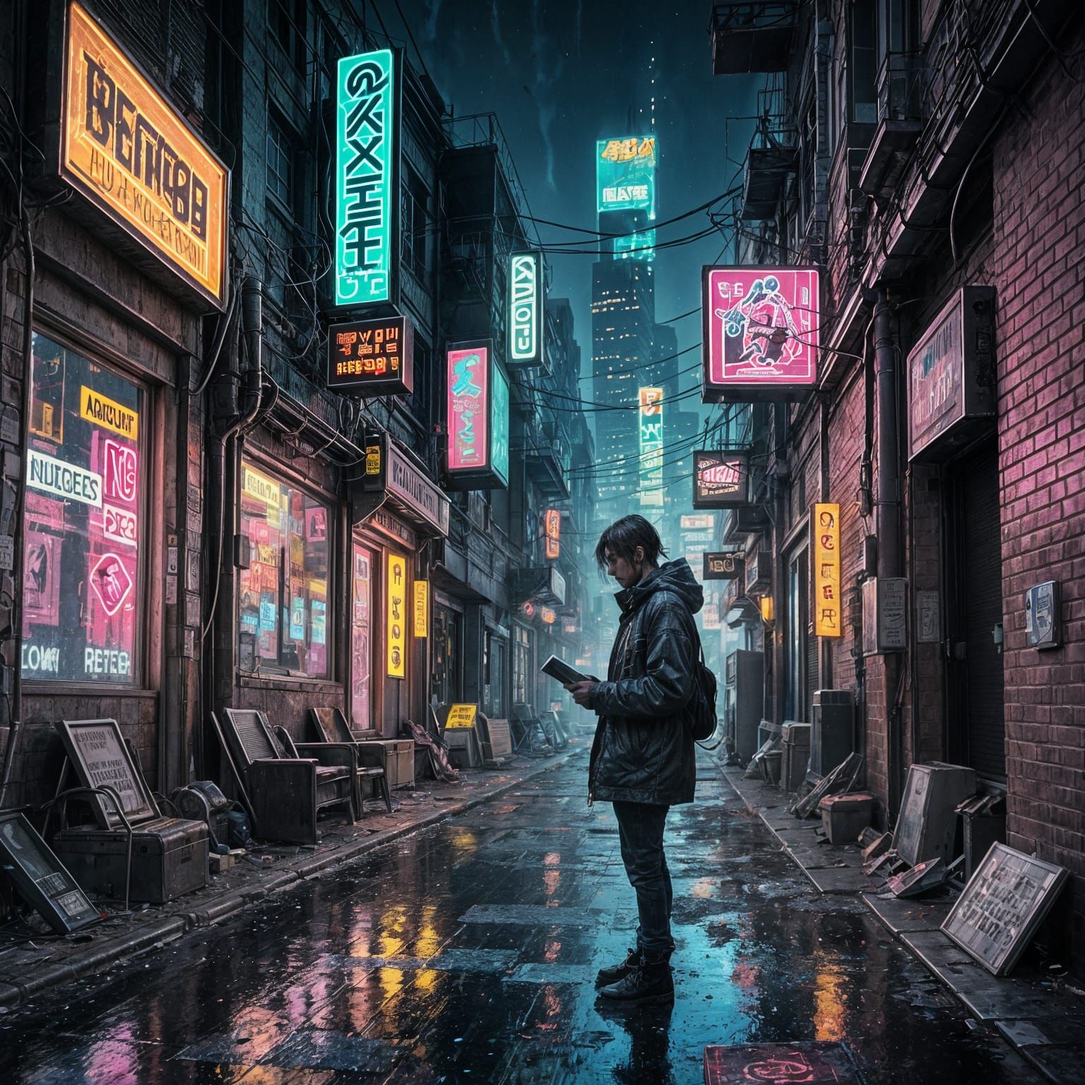 Cyberpunk Alley Reader in Glitch Art Style