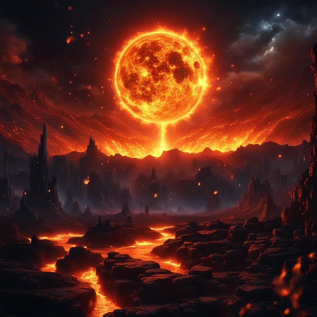 Fiery Sun in Dark Night: Fantasy Concept Art