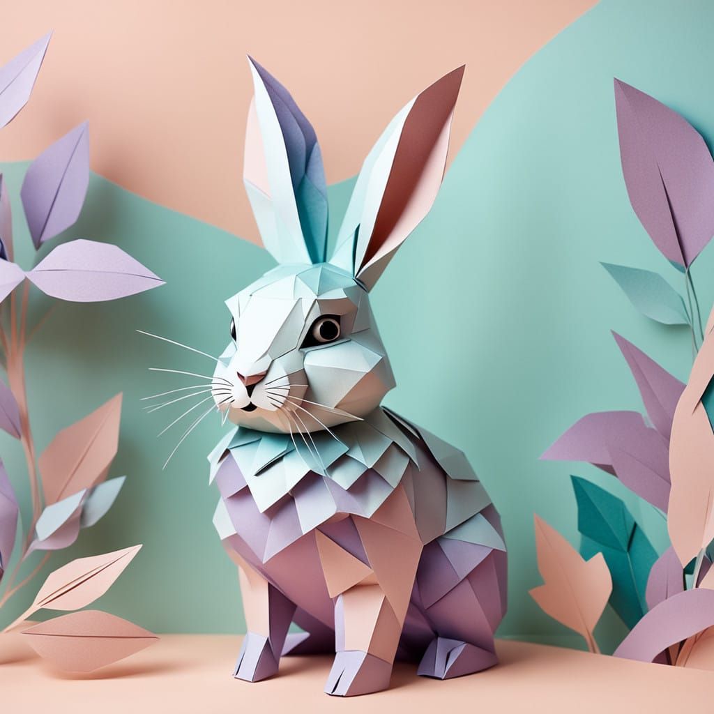 Whimsical Papercraft Rabbit in Delicate Origami Scene