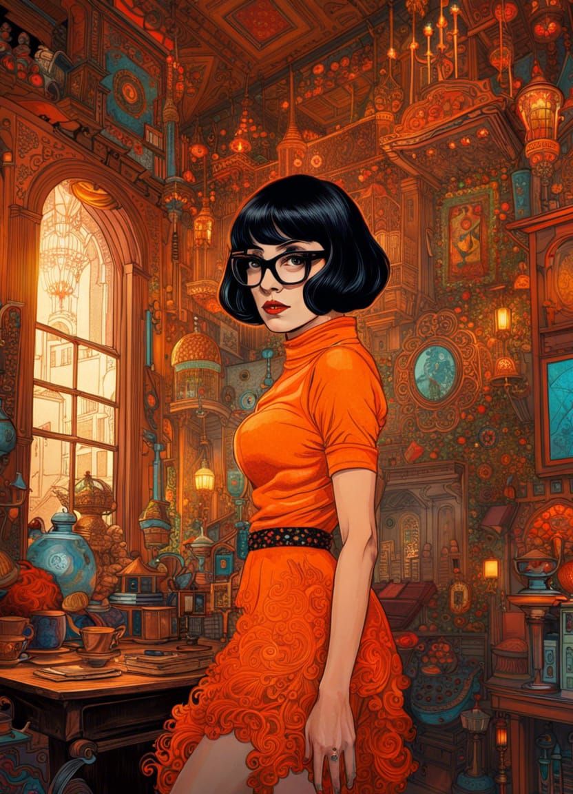 Hyperrealistic Portrait of Velma in Haunted House