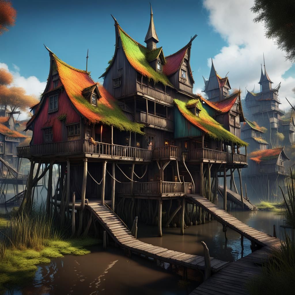 Wonky Swamp Town with Colorful Fantasy Roofs