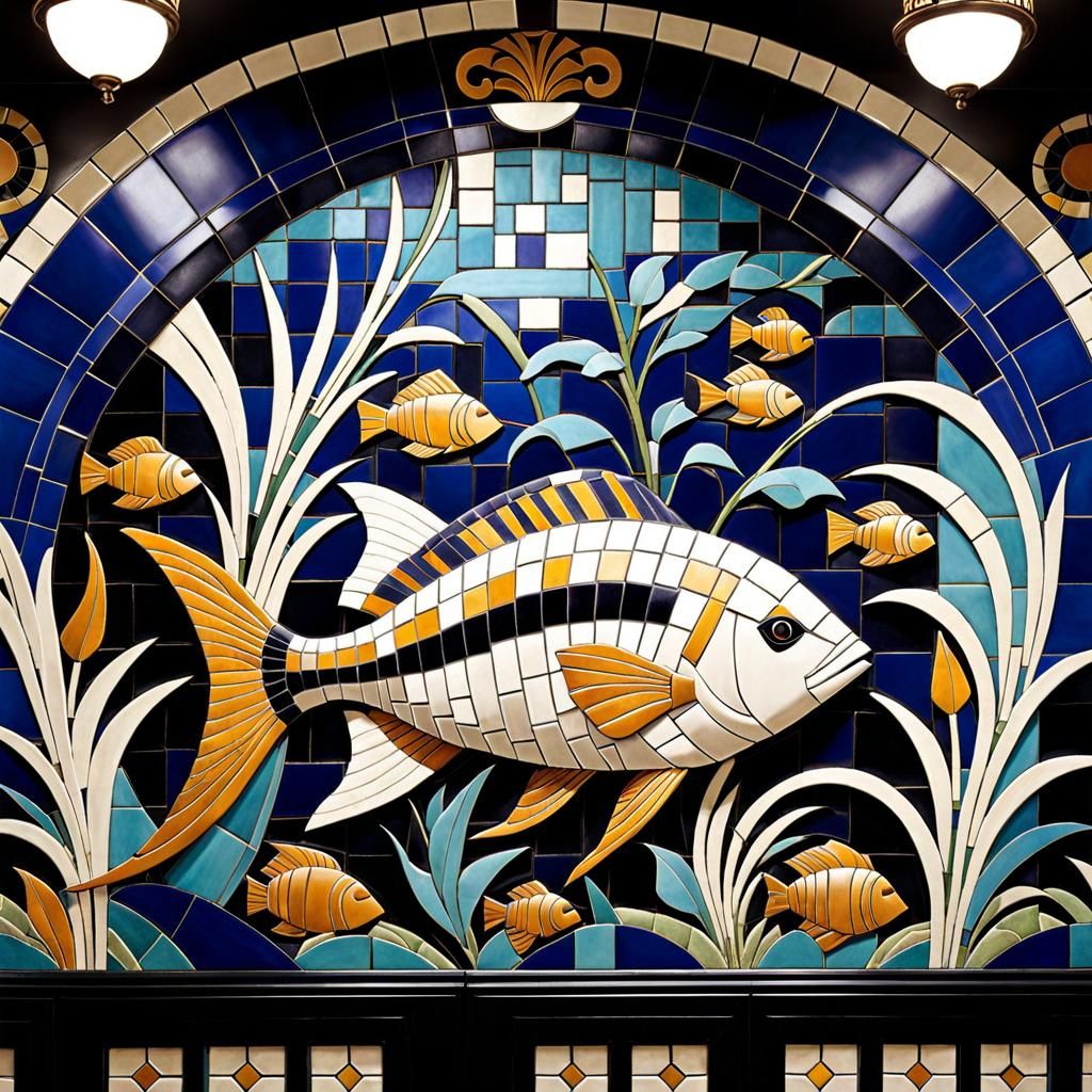 Mosaic tile fish mural in NYC subway