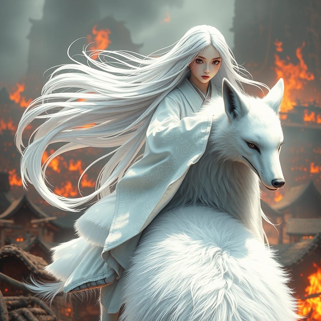 Japanese Girl Rides White Fox in Inferno Battlefield