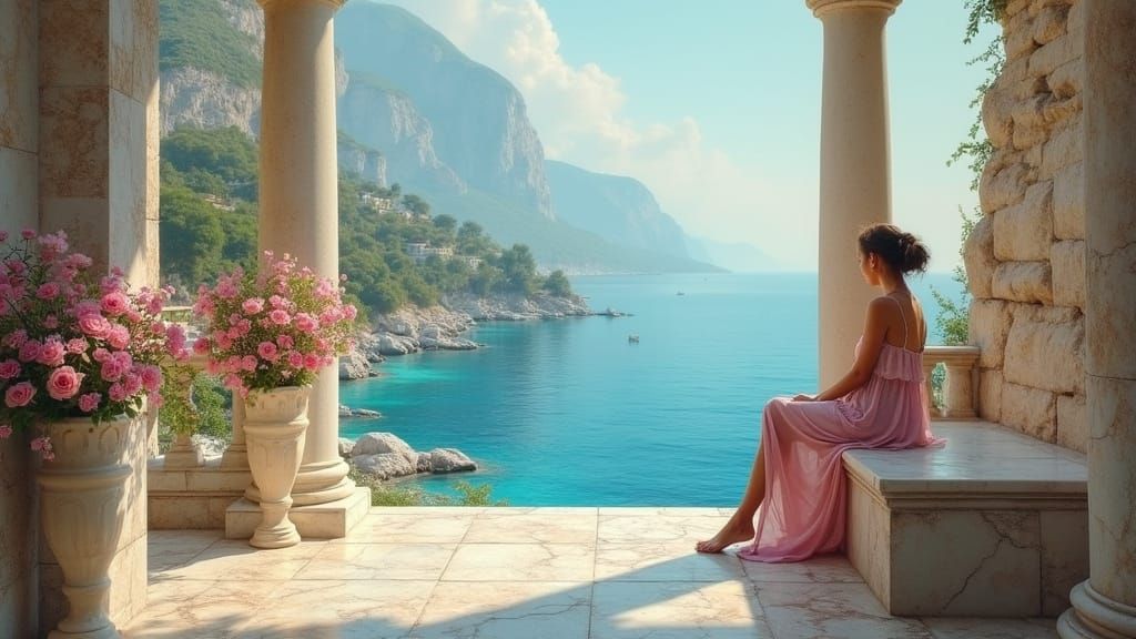 Ancient Greek Girl Gazes at Azure Sea in Oil Painting