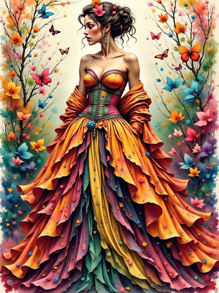 Rococo Lady in Ornate Dress, Mixed Media Art