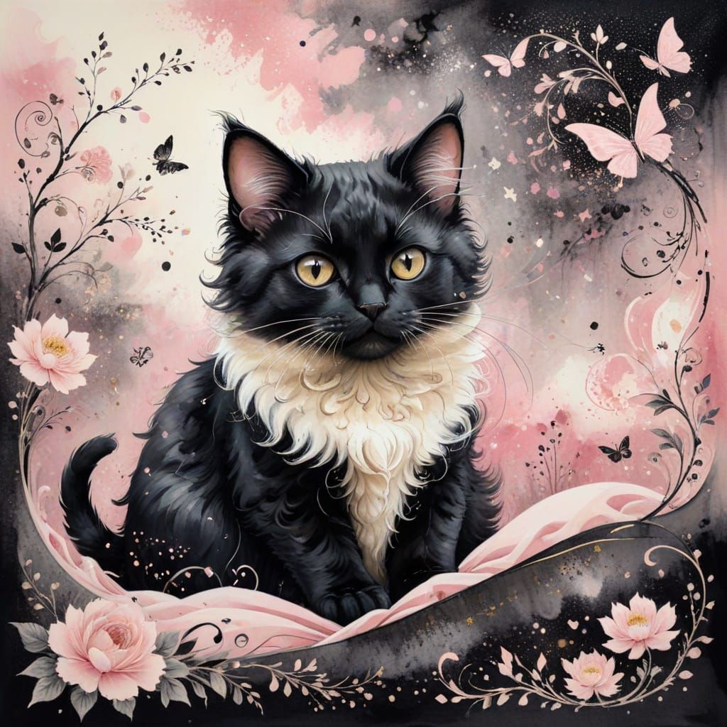 Cute Curly Cat in Bed, Chinese Ink Painting