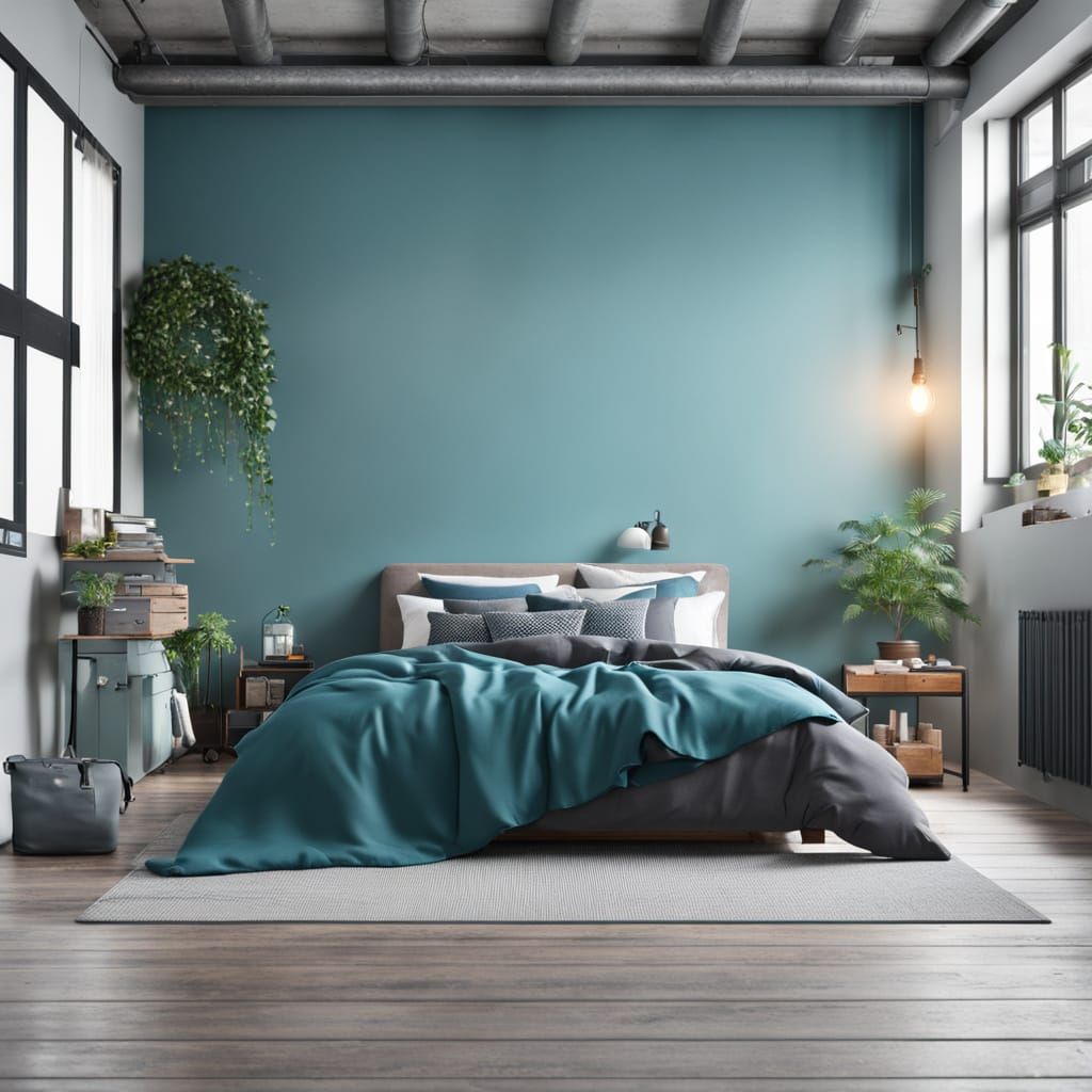 Industrial Style Guest Room with Tiffany Blue Accents