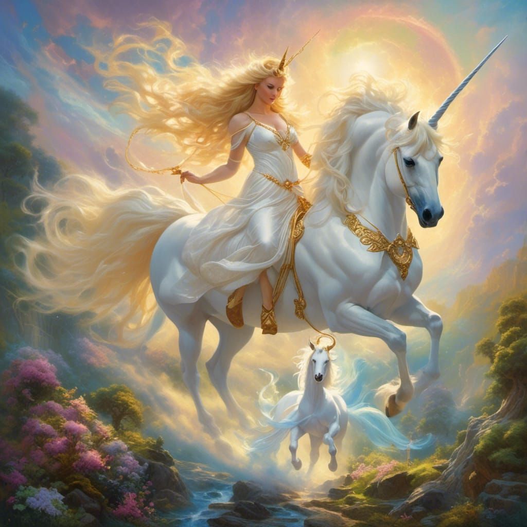 Ethereal Unicorn Led by Druid in Oil Painting Style