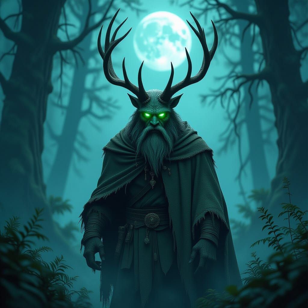 Majestic Bigfoot with Antlers in Mystic Forest