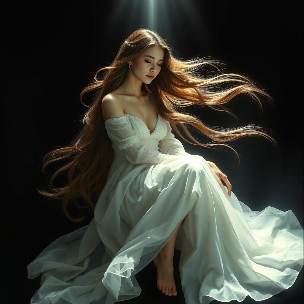 Ethereal Woman in Light Beam, Art Nouveau Style