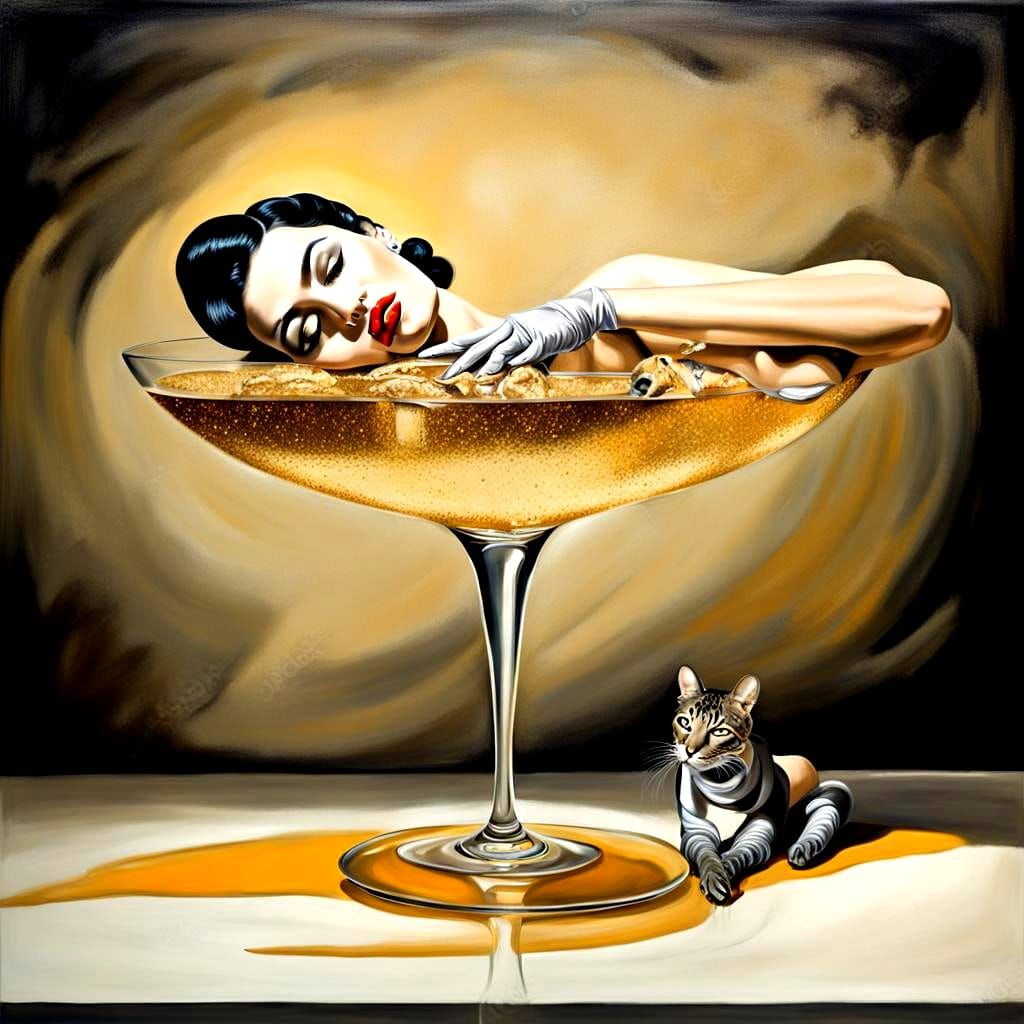 Burlesque Dancer in Champagne Glass: Surreal Oil Painting