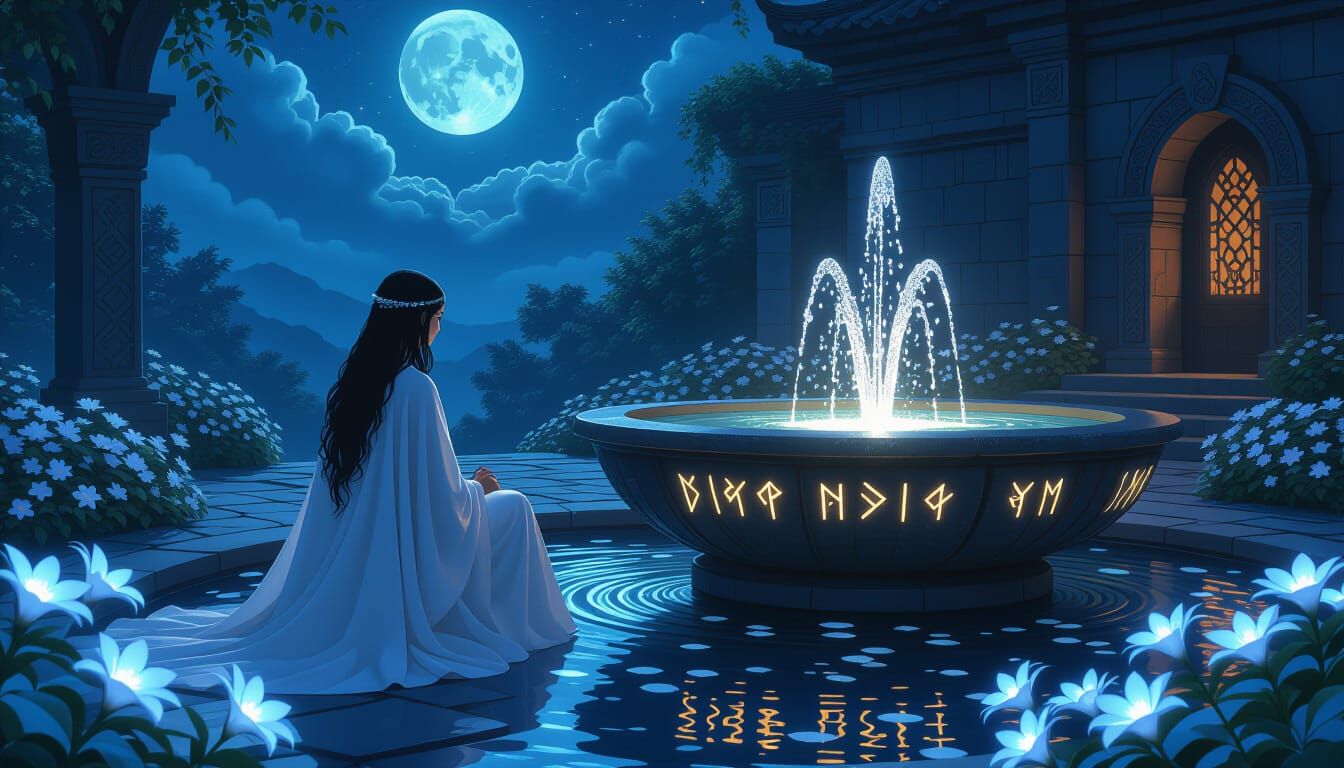 Mystical Seeress by Runic Fountain in Ethereal Moonlit Court...