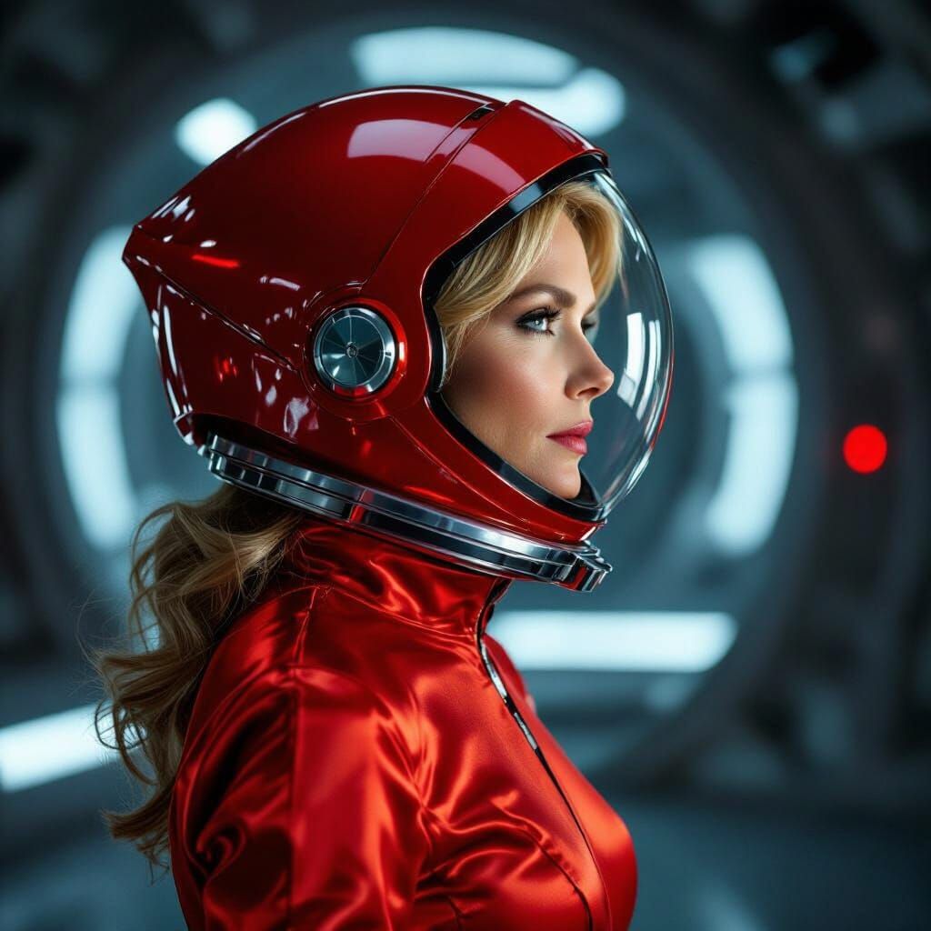 Futuristic Red Satin Spacesuit Inspired by Syd Mead