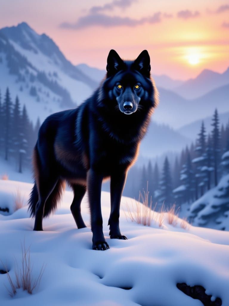 Black Wolf Portrait on Snowy Mountain at Sunset