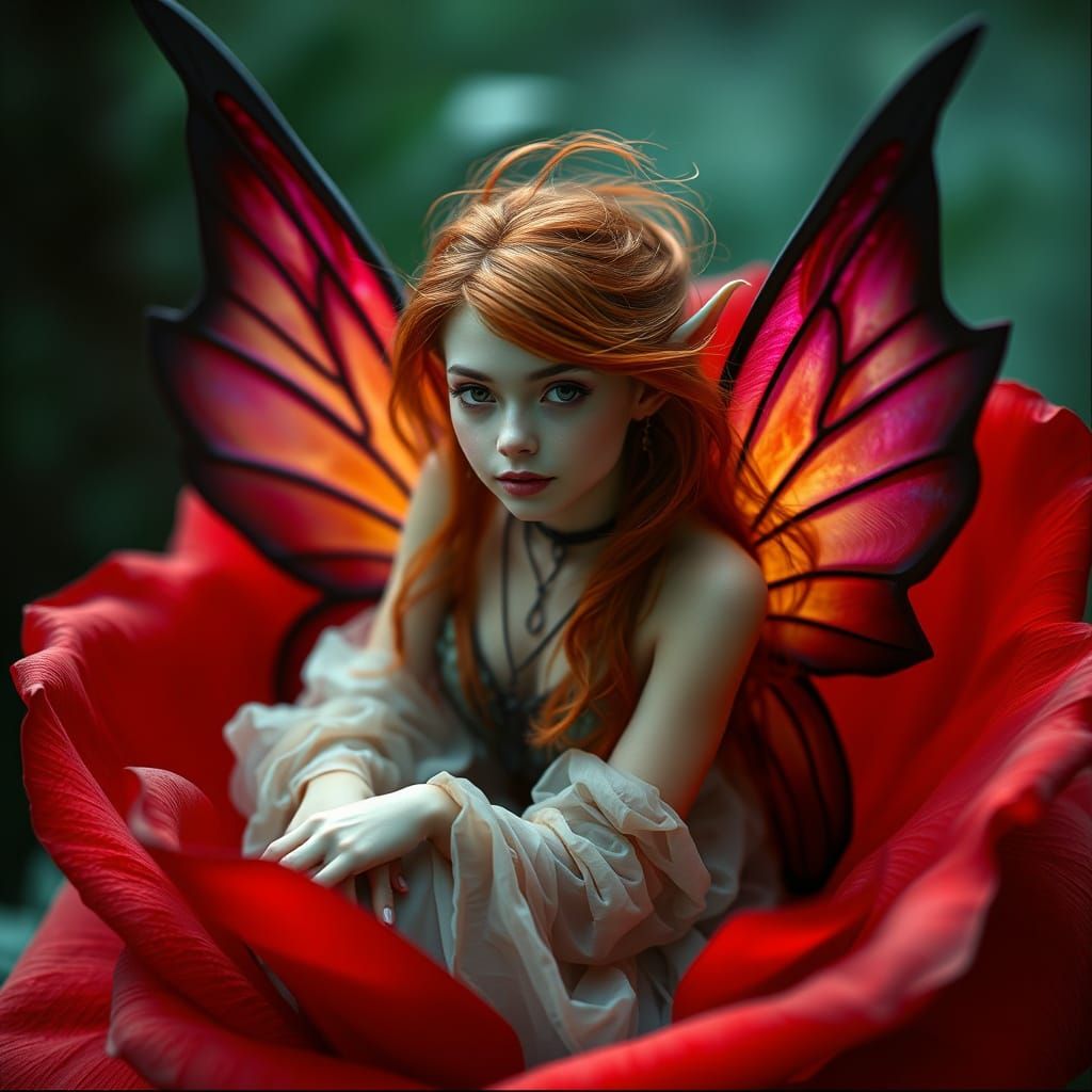 Elegant Pixie Elf in a Black-Tipped Red Rose
