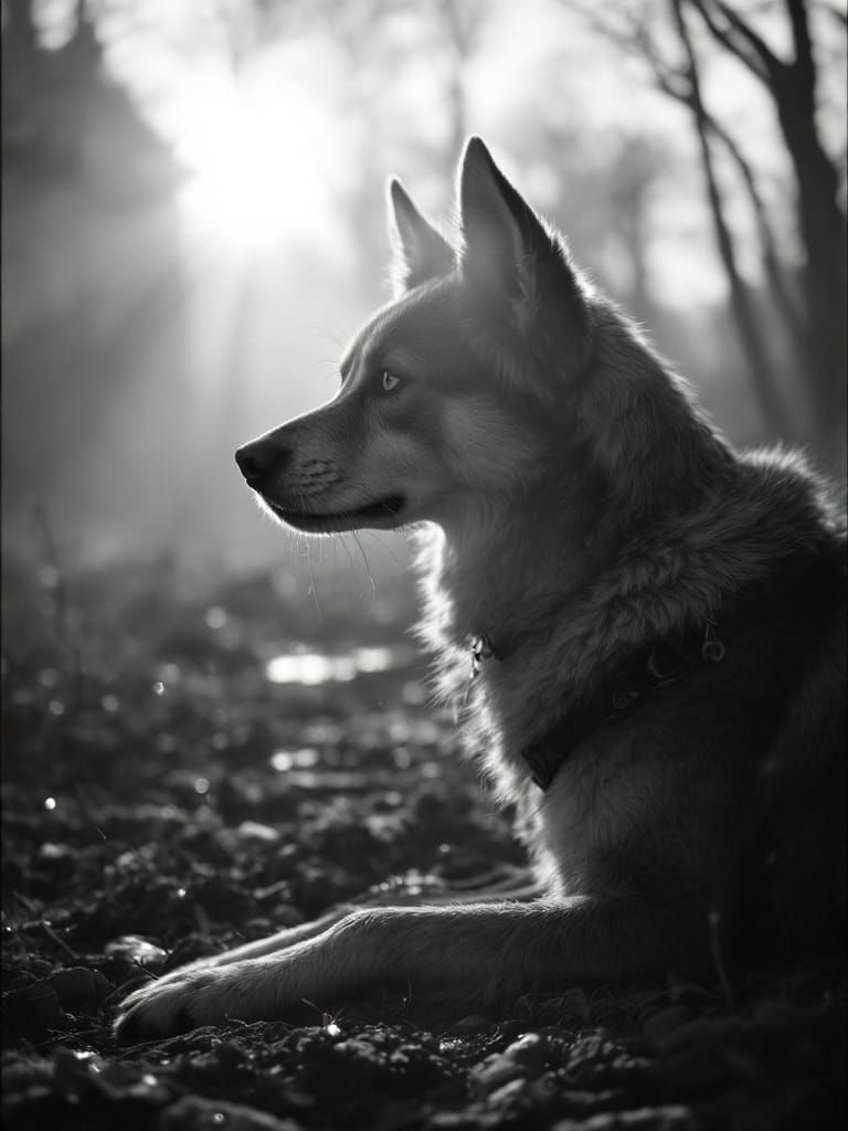 Husky Gazes at Light in Post-Apocalyptic Stillness