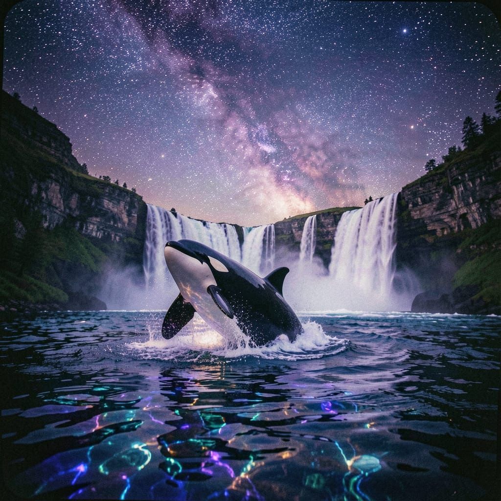 Orca Jumps in River Under Starry Night Sky