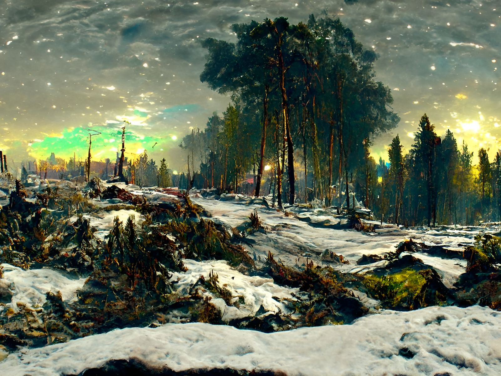 Post-Apocalyptic Winter Nightscape with Aurora