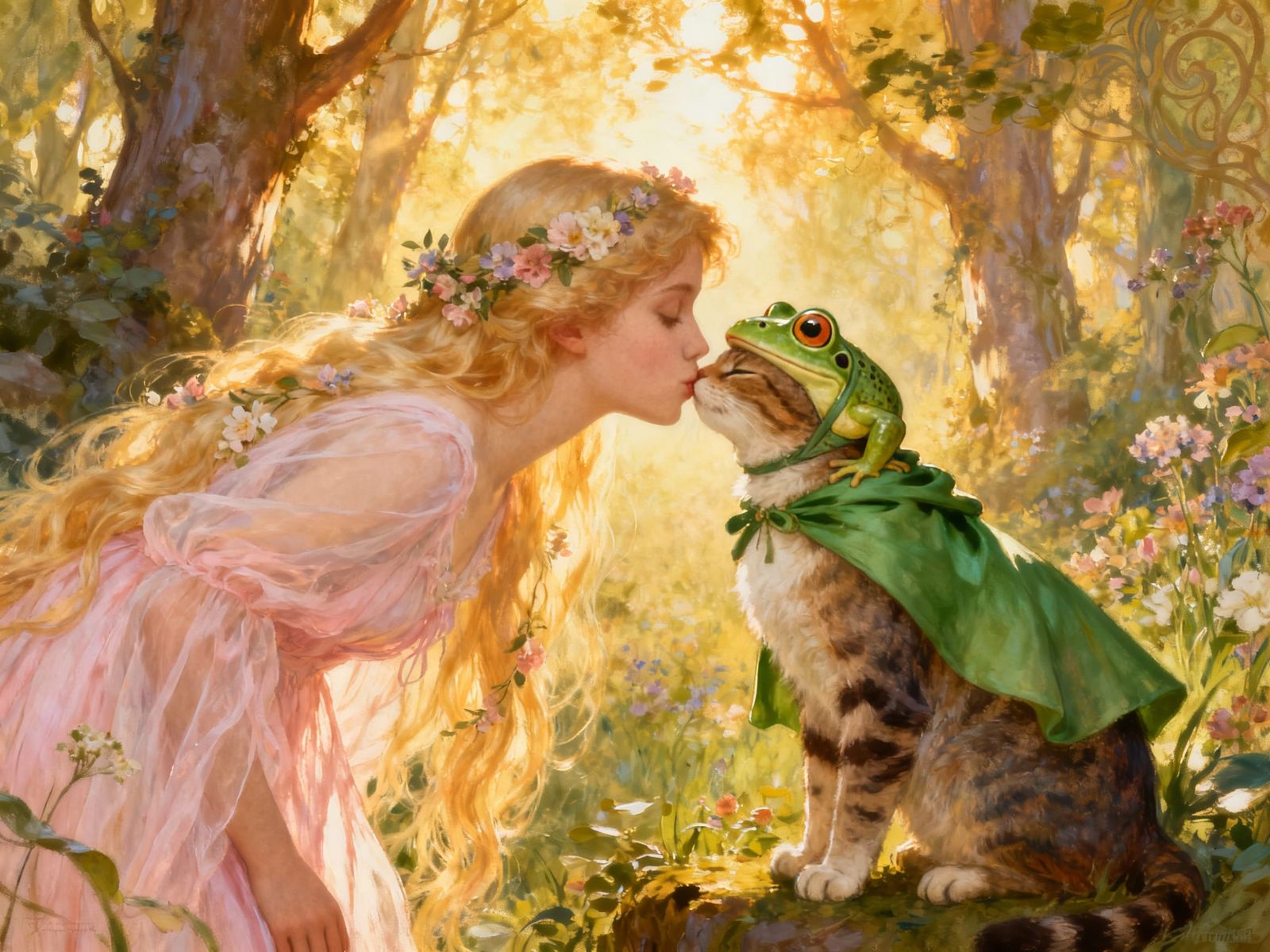 Ethereal Woman Kisses Frog-Clad Cat in Luminous Forest
