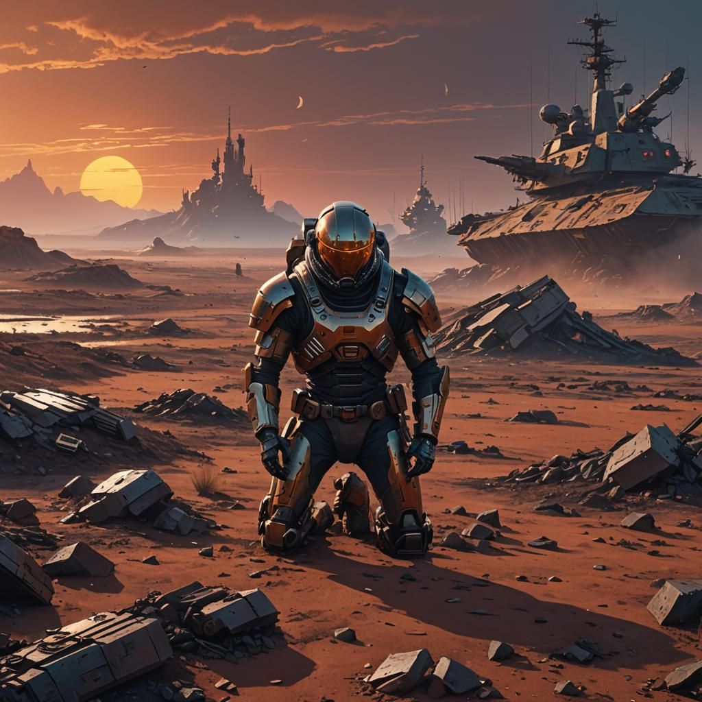 Warrior Kneeling on Mars Battlefield in Science Fiction Styl...