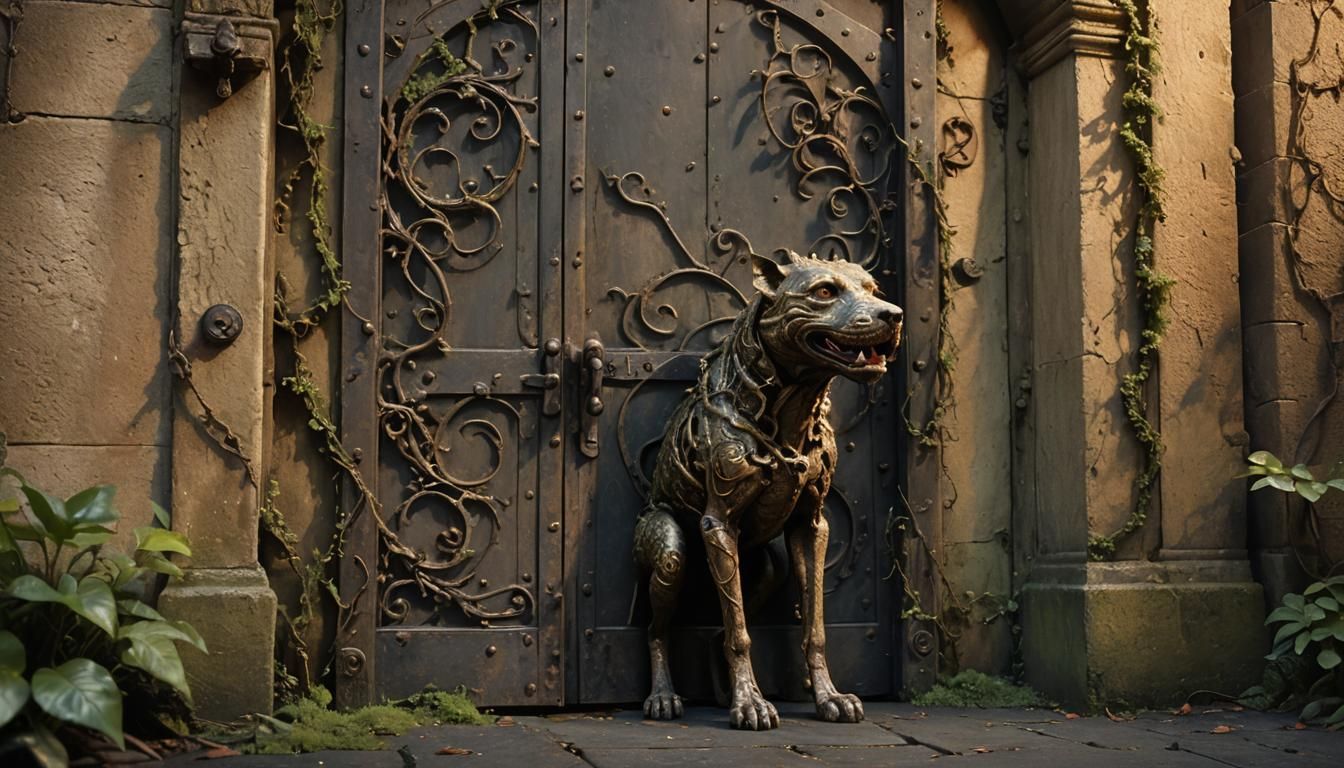 Mystical Royal Guard Dog Beside Ancient Iron Door