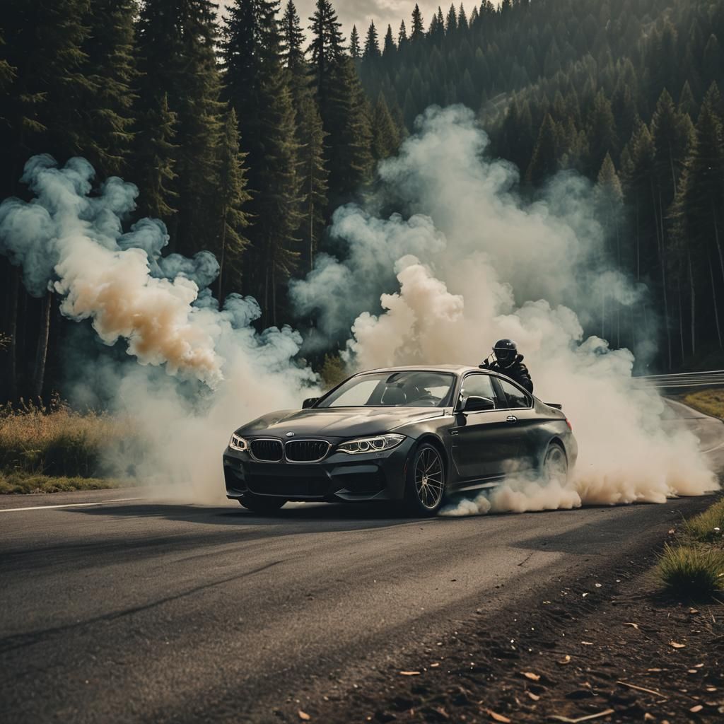 Hyperrealistic Car Drifting Scene with Atmospheric Mood