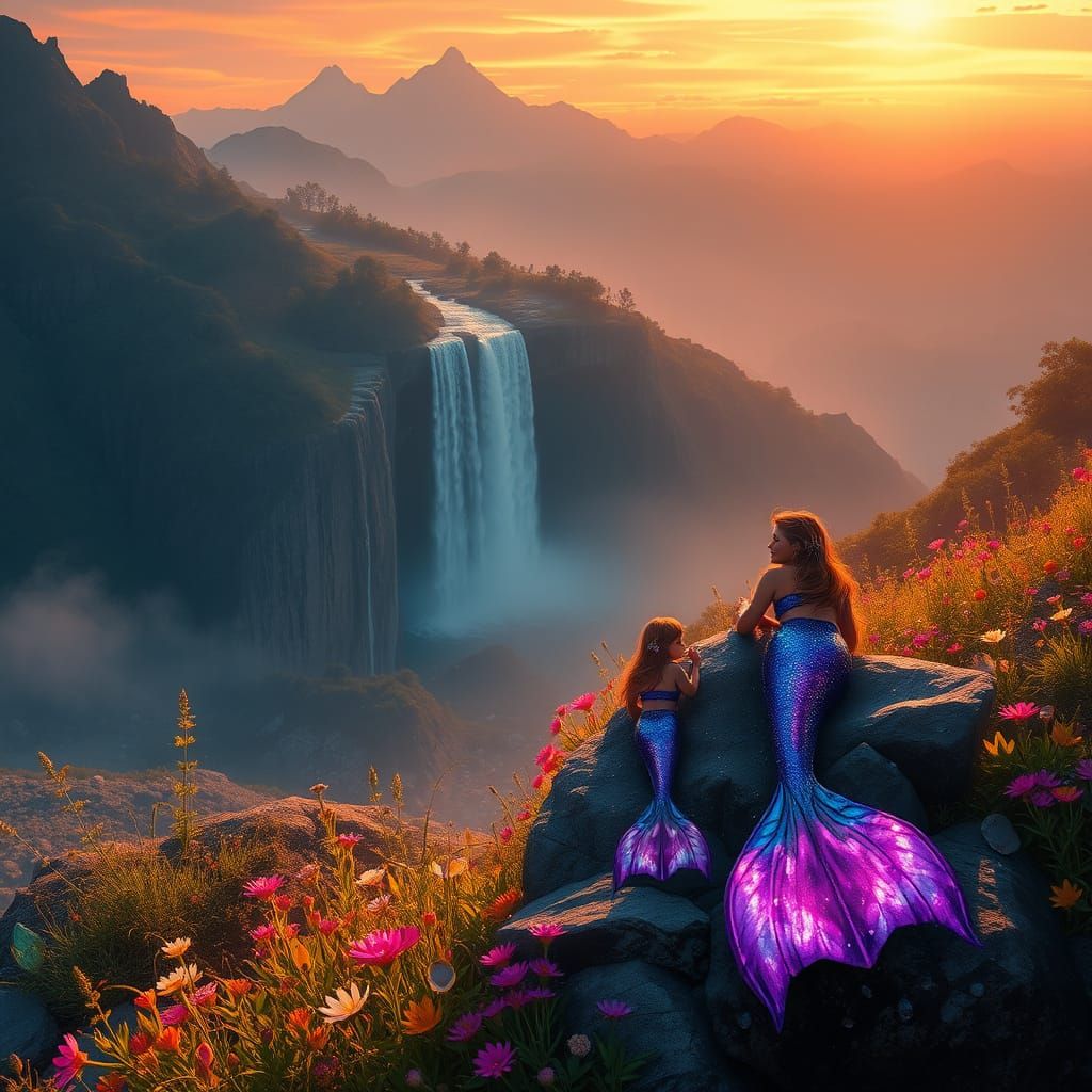 Serene Summer Island Sunset with Vibrant Wildflowers and Mer...