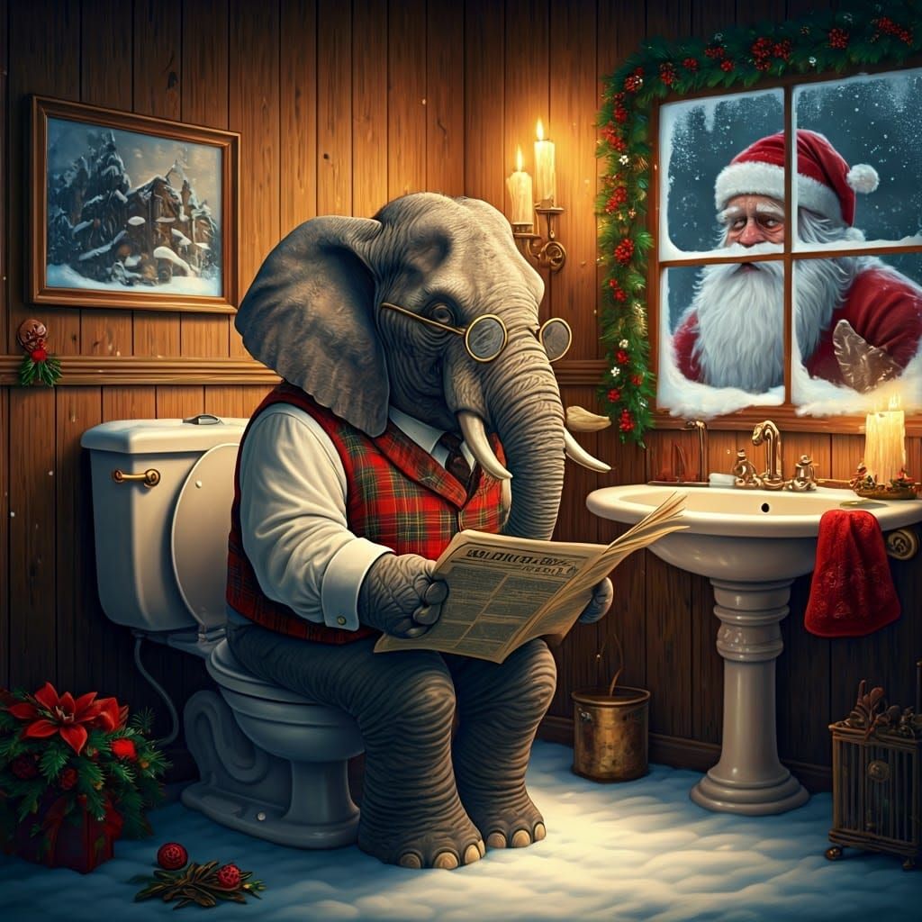 A Jovial Elephant Reads the Newspaper on a Victorian-Style T...