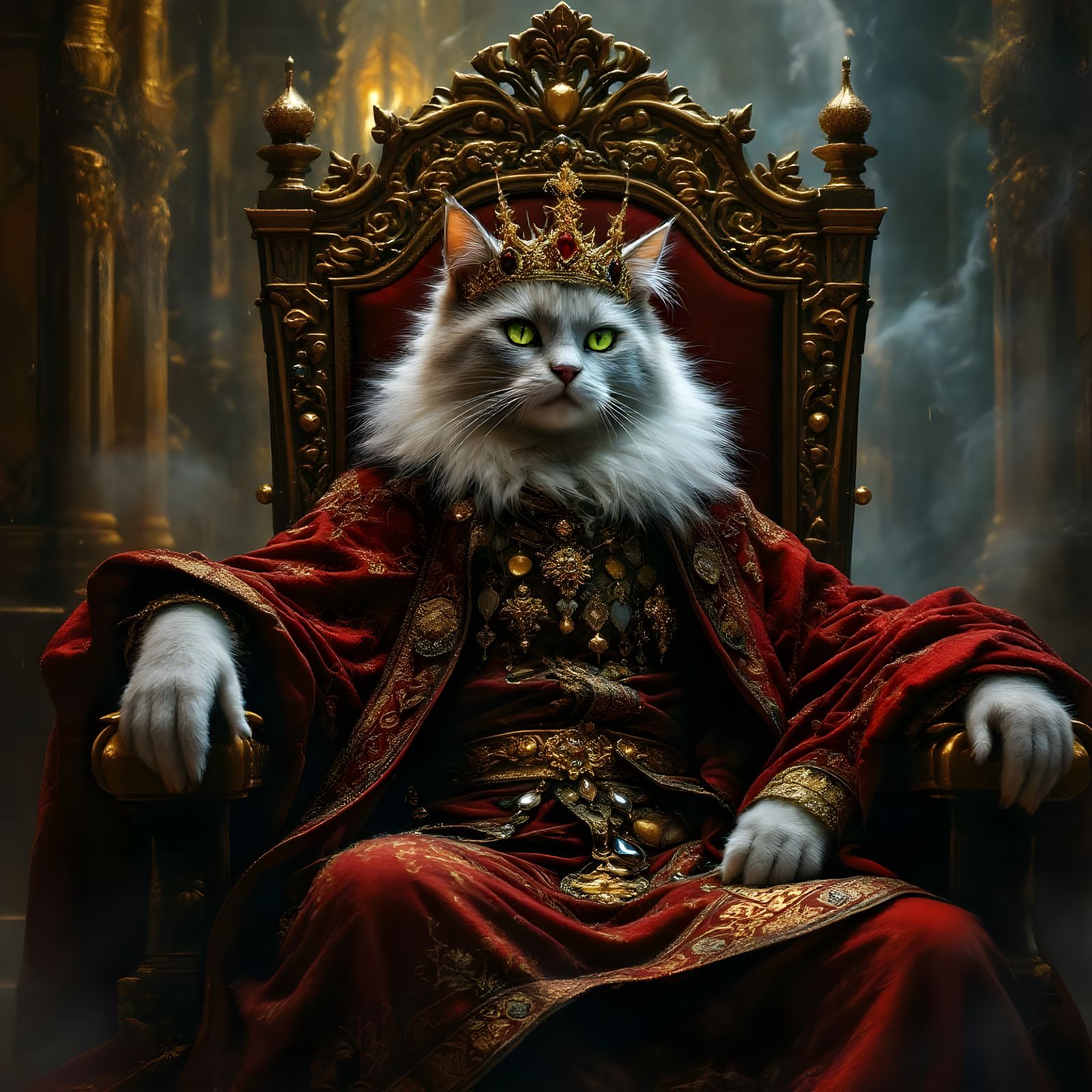 Wise Cat King on Ornate Throne, Detailed Portrait