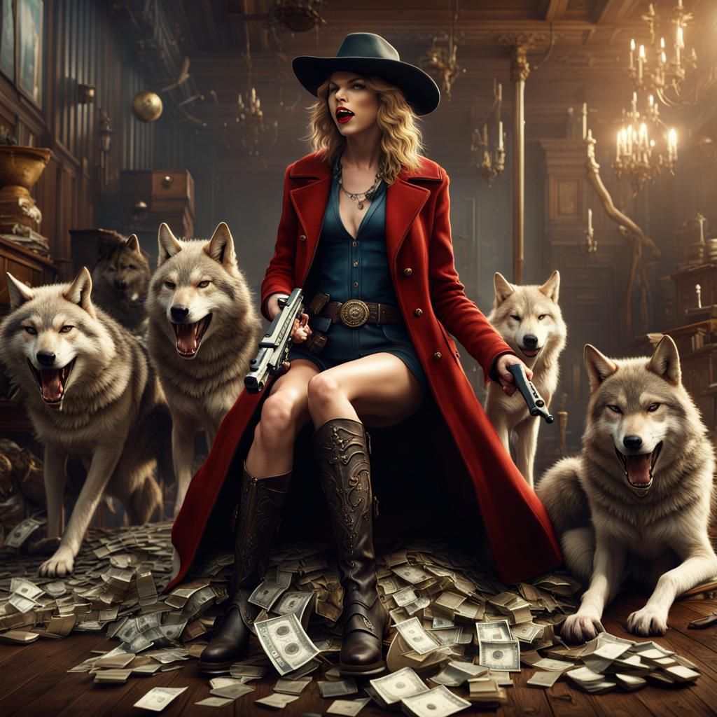 Woman with Wolves Laughing Surrounded by Money
