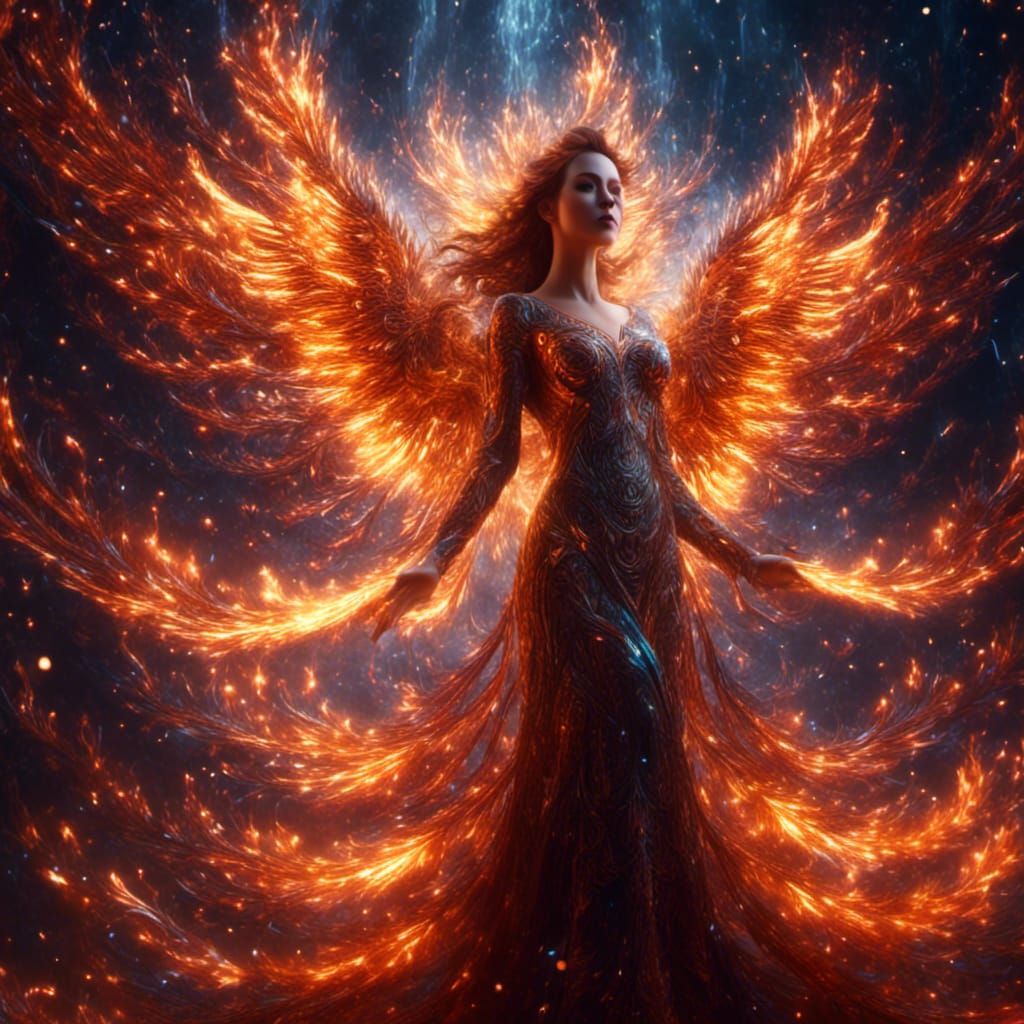 Phoenix Rebirth: Female Form Emerges in Energetic Universe