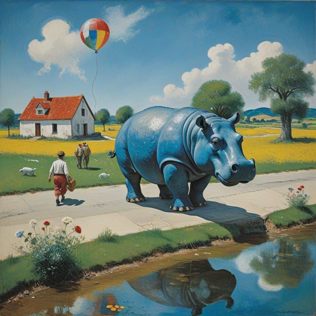 Whimsical Hippo in Abstract Landscape