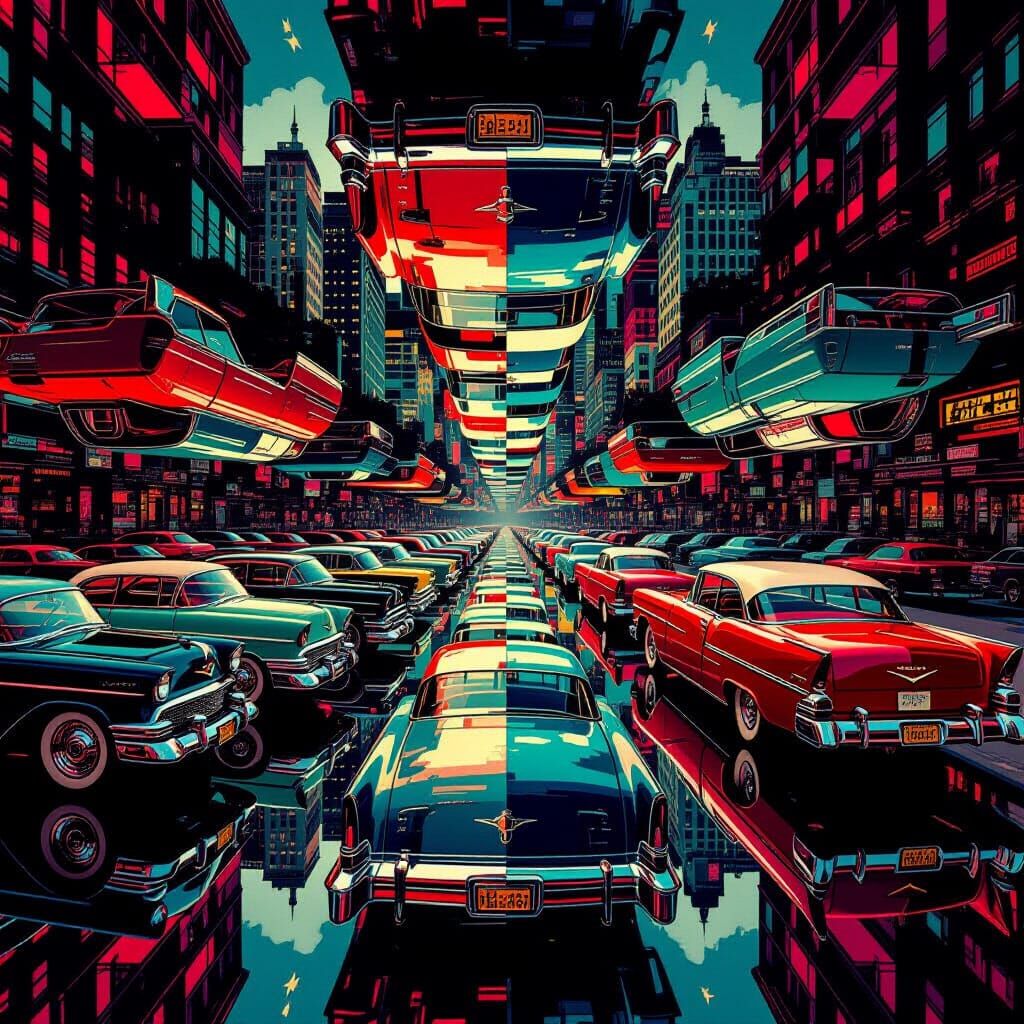Kaleidoscope of Vintage Cars in Film Noir Style