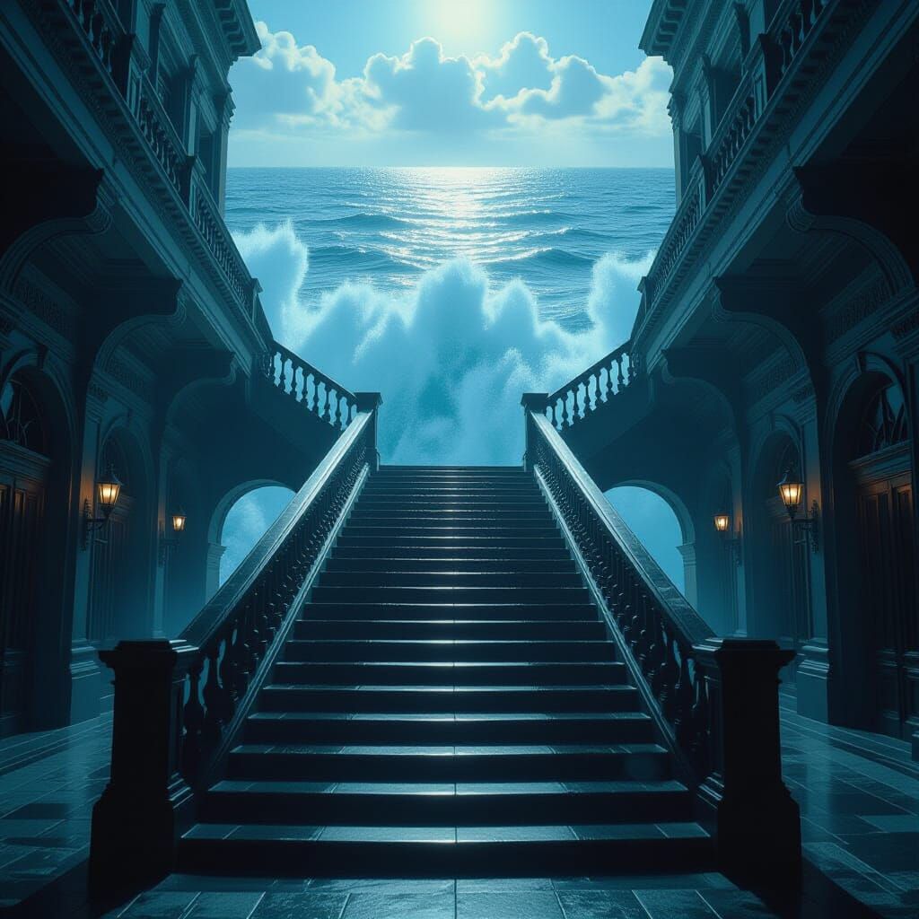 Surreal Staircase to Sky Ocean, Cinematic Still