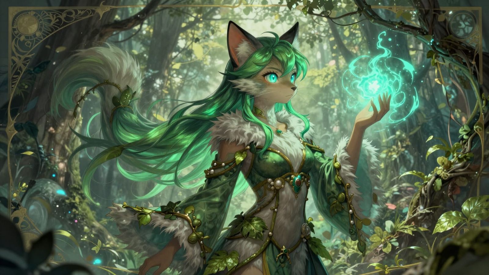 Anthropomorphic Cat Dryad in Art Nouveau Fantasy Forest