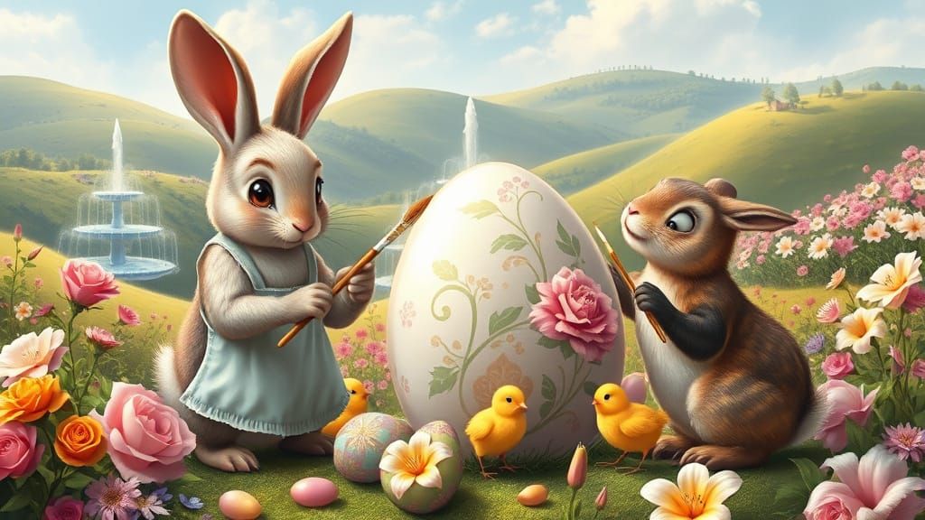 Rabbits and Chicks Painting Easter Eggs