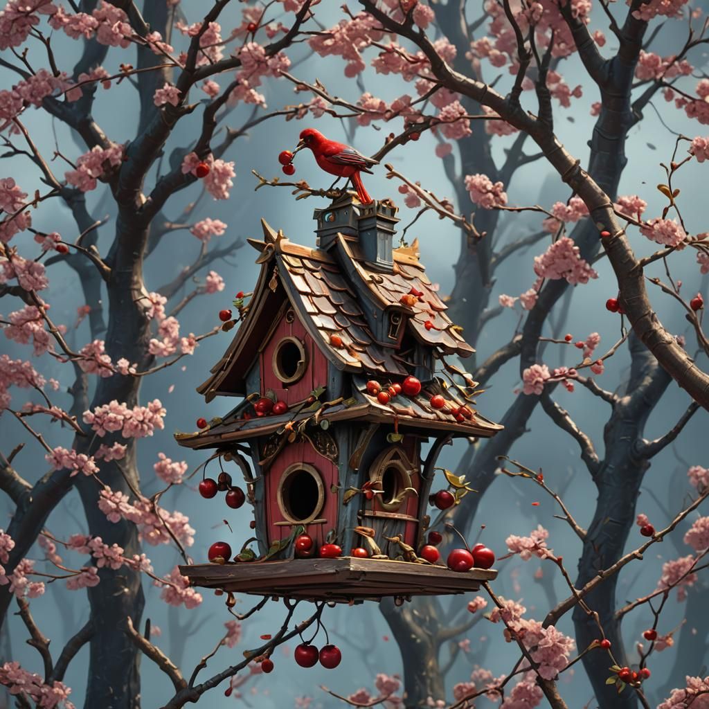 Fantastical Cherry Birdhouse Matte Painting