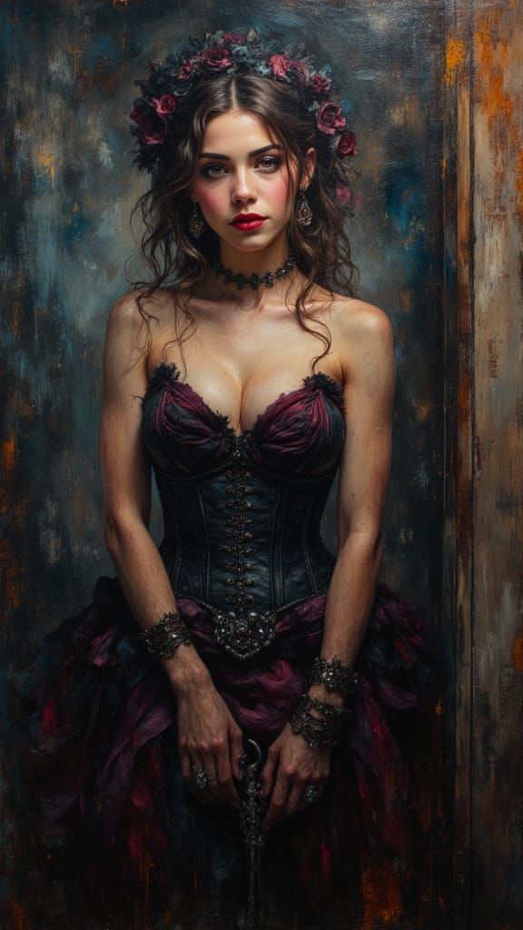 Elegant Vampire Woman in Impasto Oil Painting Style