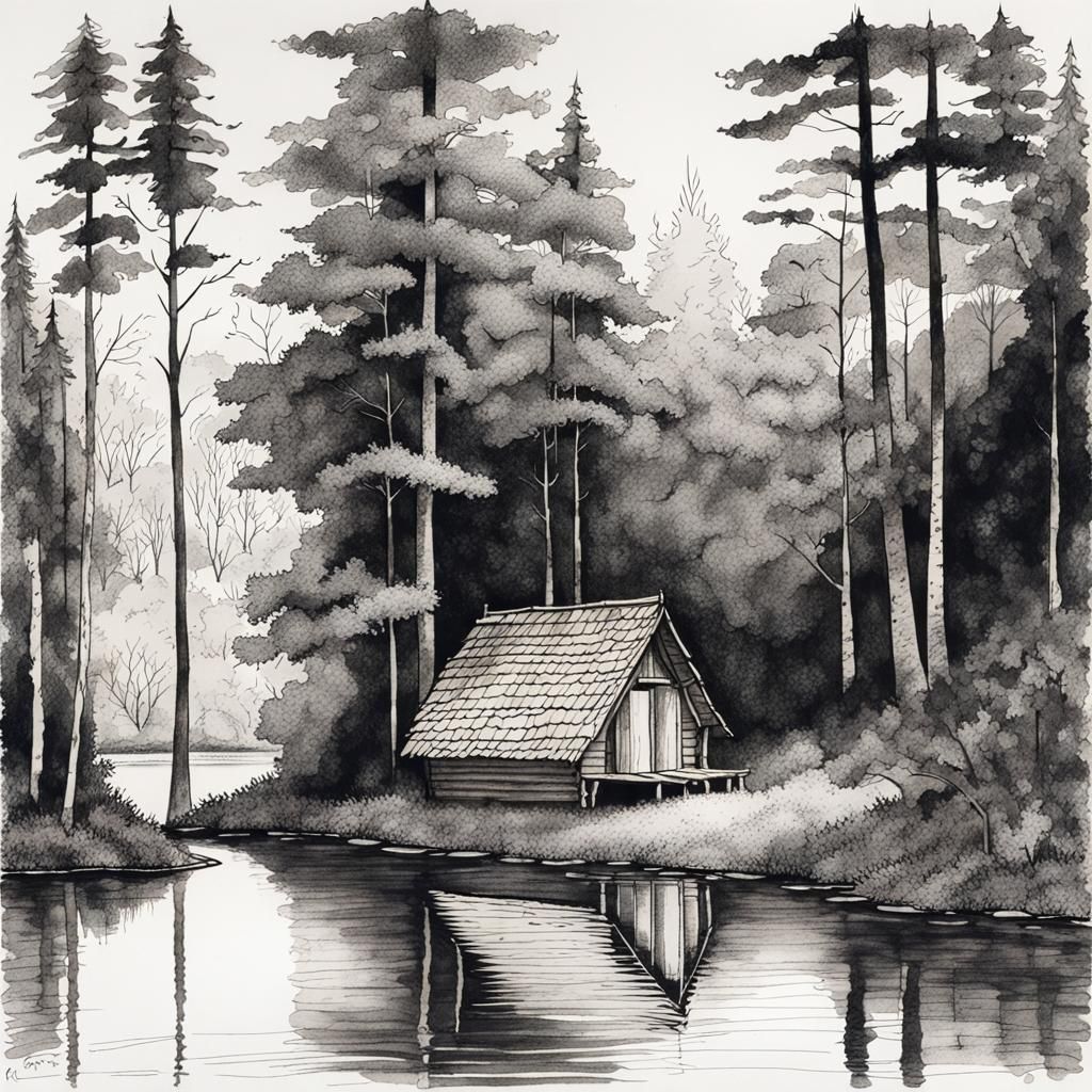 Ink drawing of a hut in the woods near a lake