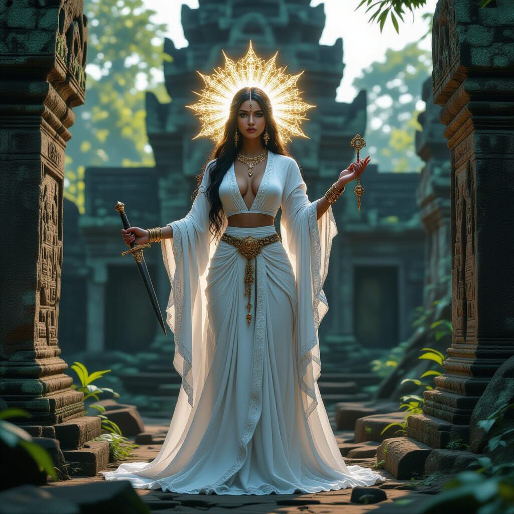 Prophetess in Temple Ruins with Dagger and Key